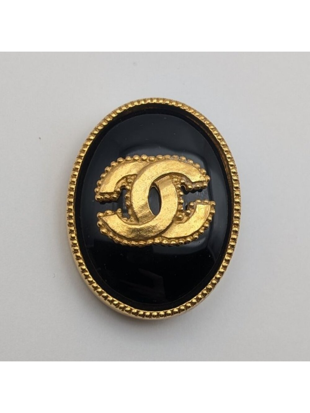 Chanel Brooch CC Logo Gold Black Stone Vintage